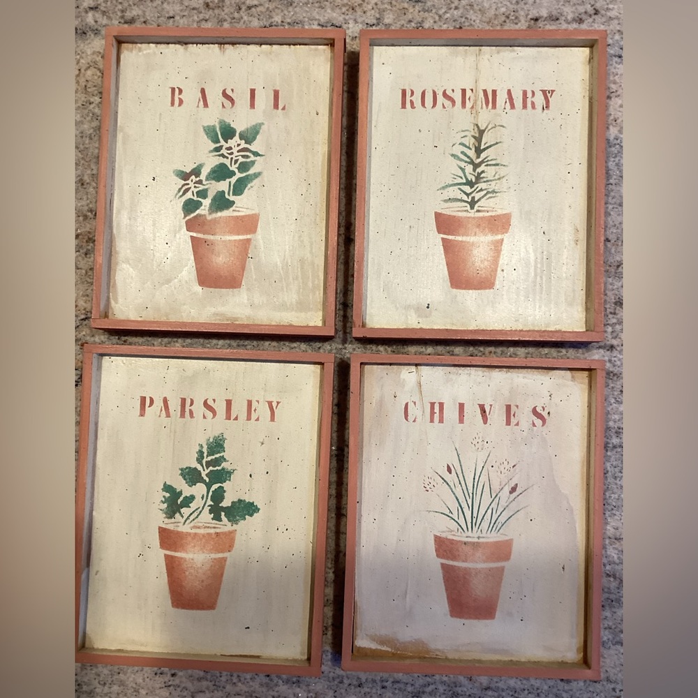 Set of 4 vintage kitchen framed wall decor from 1995. Hand stenciled herbs.